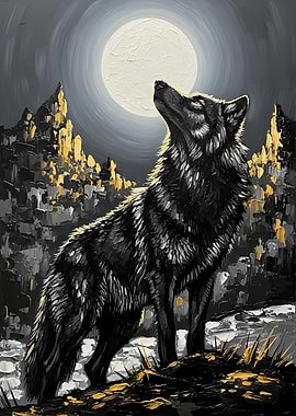 Wolf Howling at the Moon Painting