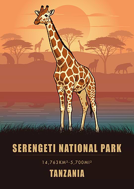 Vintage Serengeti National Park Poster ,Tanzania Giraffe Poster , Retro Safari Print