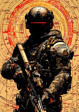 Futuristic Soldier with Weapon and Map