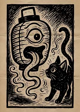 Black Cat and Lantern Monster Woodcut