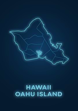 Hawaii Oahu Island Neon Map