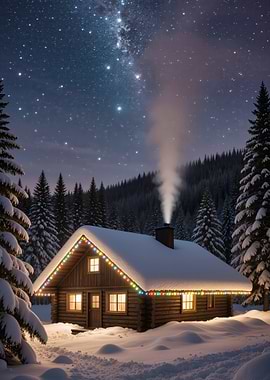 Winter Cabin Under Starry Night