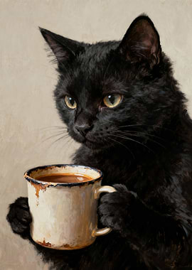 Black Cat with Coffee Mug Painting