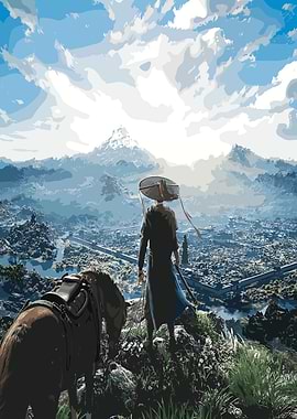 Warrior and Horse Overlooking Cityscape