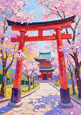 Japanese Temple with Cherry Blossoms Painting