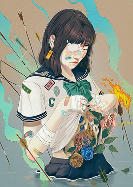 Wounded Schoolgirl with Floral Tattoo