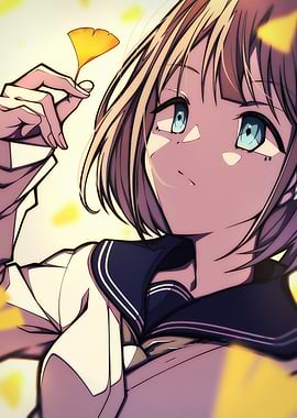 Anime Girl with Ginkgo Leaf