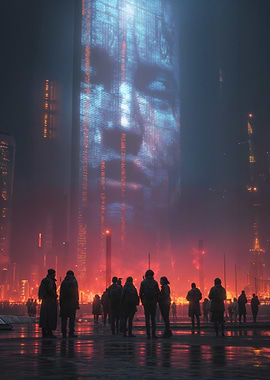 Cyberpunk Cityscape with Giant Face Display