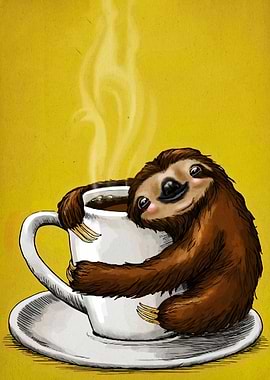 Sloth Hugging Coffee Cup Illustration