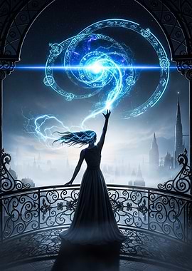 Mystical Woman Casting Spell on Balcony