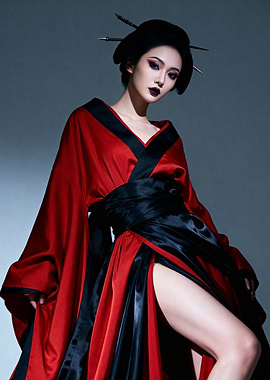 Geisha in Red and Black Kimono