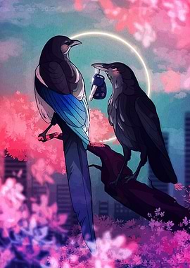 Birds with a Gift in Cherry Blossoms