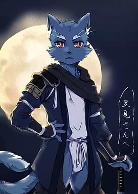 Anthropomorphic Cat Samurai with Moon