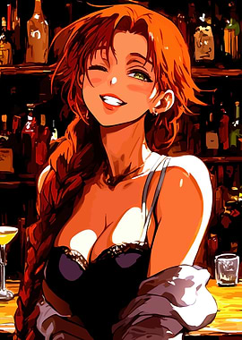 Winking Woman at Bar Anime Style
