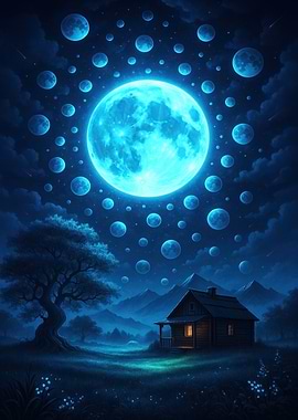 Blue Moonlit Cabin Landscape
