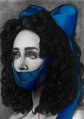 Muted Expression: Blue Fabric Portrait
