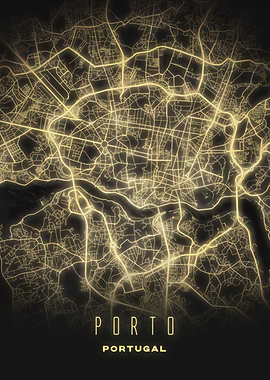 Porto, Portugal - Glowing Night Map Print, Contemporary City Art