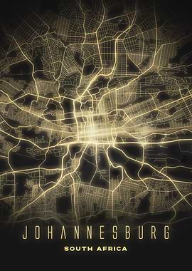 Johannesburg, South Africa - Glowing Urban Night Map, City Art Poster
