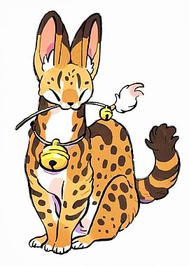 Cartoon Serval with Bells and Flower