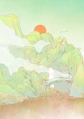 Mountain Landscape with Bridge and Waterfall