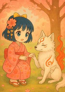 Anime Girl with Wolf in Cherry Blossom