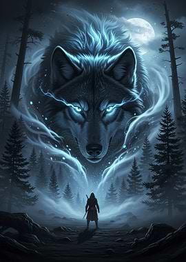 Mystical Wolf and Warrior in Forest