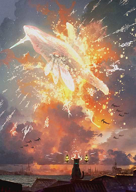 Celestial Whale and Cat Cityscape