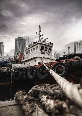 Docked Tugboat Under Cloudy Sky
