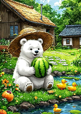 Bear Watermelon Countryside Scene