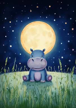 Cute Hippo Under the Moonlight