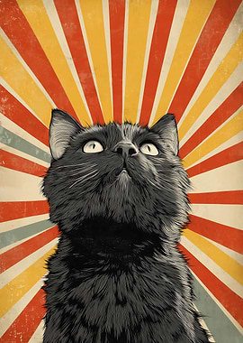 Black Cat Retro Art with Sunburst Background
