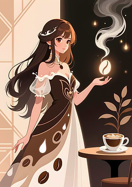 Coffee Anime Girl with Coffee Bean