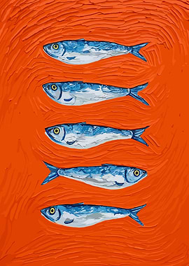 Sardines on Orange Textured Background Painting