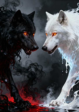 Black and White Wolves Confrontation