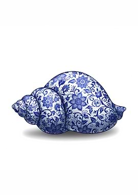Blue and White Floral Seashell