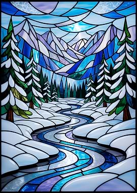 Stained Glass Mountain Art A Chilly, Colorful Landscape of Snow and Light