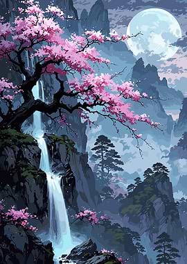 Cherry Blossoms Waterfall Landscape