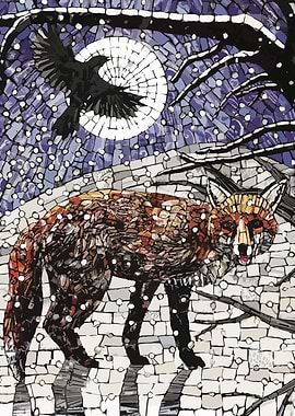 Mosaic Fox and Raven Under Moon