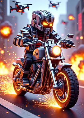 Cyberpunk Rider on Motorcycle