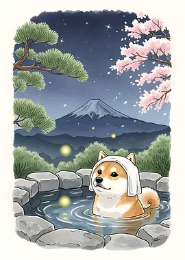 Shiba Inu in Onsen with Mount Fuji