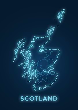 Scotland Map Neon Blue