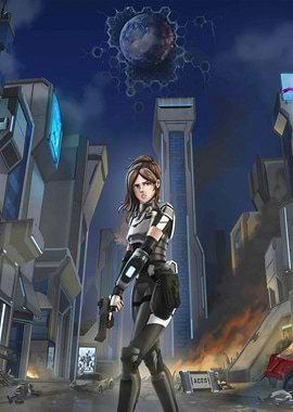Futuristic Cityscape with Armed Woman