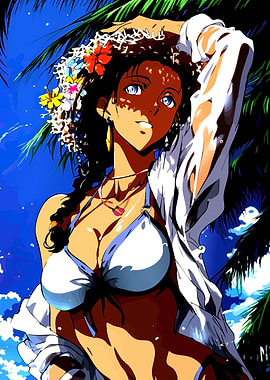 Anime Girl in Bikini with Flowers