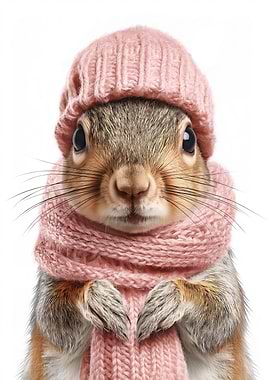 Cozy Squirrel in Pink Hat and Scarf