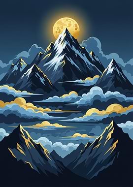 Mountain Peaks Under a Full Moon