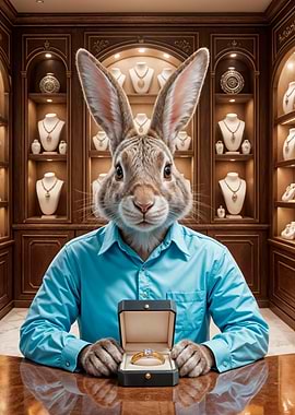Anthropomorphic Rabbit Jeweler with Diamond Ring