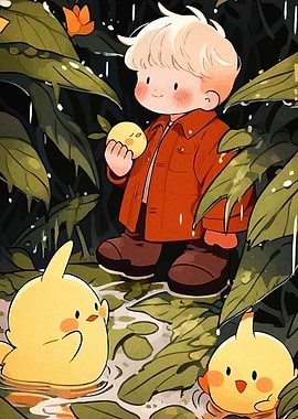 Boy Chickens Rainy Forest