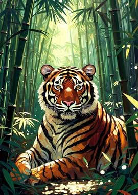 Tiger in Bamboo Forest Illustration