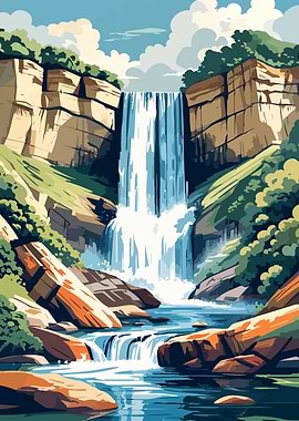 Waterfall Landscape Illustration