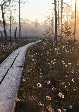 Wooden Path Through Misty Bog